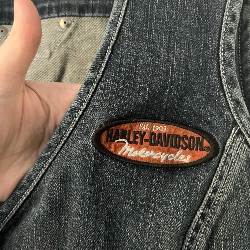 Harley Davidson Denim Zip Blue Motorcycle Patch Vest Large - Picture 2 of 8
